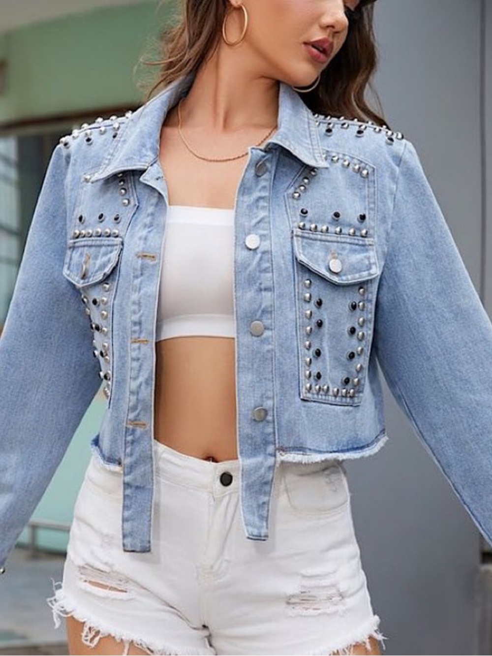 ShopEvelynne Light Blue Studded Crop Denim Jacket